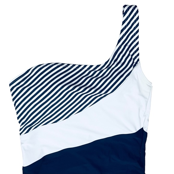 Kona Sol Swimsuit UPF 50+Navy White One Shoulder Striped One Piece M - Picture 2 of 10